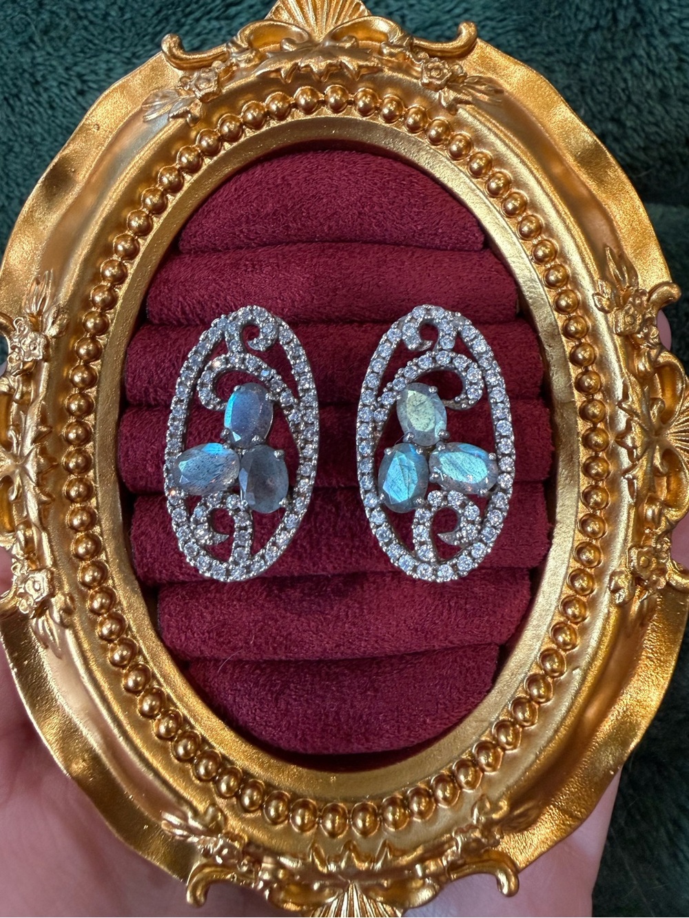 Sterling Silver Floral Labradorite Oval Earrings